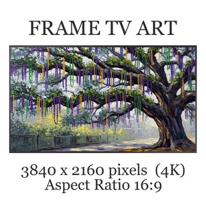 May include: A digital painting of a large tree adorned with colorful beads, likely for a Mardi Gras celebration. The artwork is framed and labeled "FRAME TV ART". The image resolution is 3840 x 2160 pixels with an aspect ratio of 16:9.