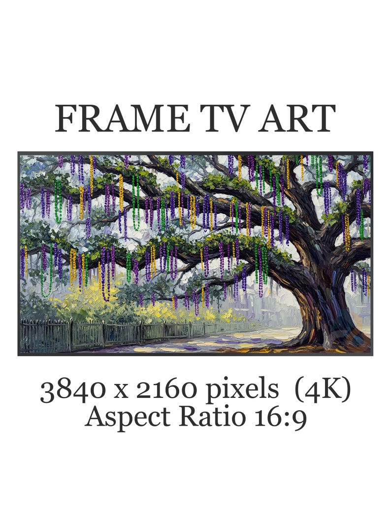 May include: A digital painting of a large tree adorned with colorful beads, likely for a Mardi Gras celebration. The artwork is framed and labeled "FRAME TV ART". The image resolution is 3840 x 2160 pixels with an aspect ratio of 16:9.