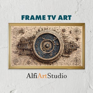 May include: A framed artwork with a gold border, featuring a detailed, vintage-style illustration of a celestial map and clock. The artwork has a central circular design with intricate details and the text "FRAME TV ART" at the top and "AlfiArtStudio" at the bottom.