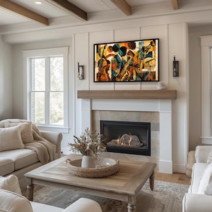May include: A framed abstract art print depicting musicians playing instruments, including a saxophone, trumpet, and cello. The artwork features a color palette of orange, blue, and brown tones. The print is displayed above a fireplace in a living room setting.
