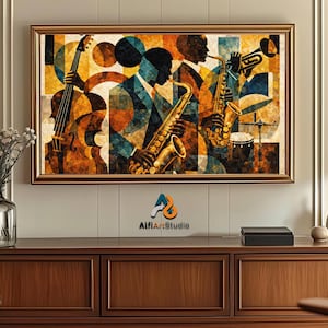 May include: A framed art print depicting a jazz band with musicians playing a cello, saxophone, trumpet, and drums. The artwork features a geometric background with shades of orange, blue, and yellow. The frame is gold-colored.