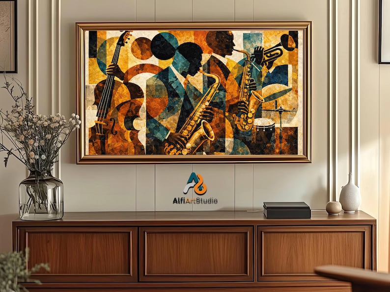 May include: A framed art print depicting a jazz band with musicians playing a cello, saxophone, trumpet, and drums. The artwork features a geometric background with shades of orange, blue, and yellow. The frame is gold-colored.