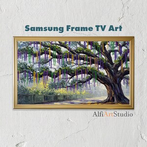 May include: A framed digital art print for Samsung Frame TV. The artwork depicts a large tree adorned with colorful beads, with a fence and a road in the background. The text "Samsung Frame TV Art" is at the top.