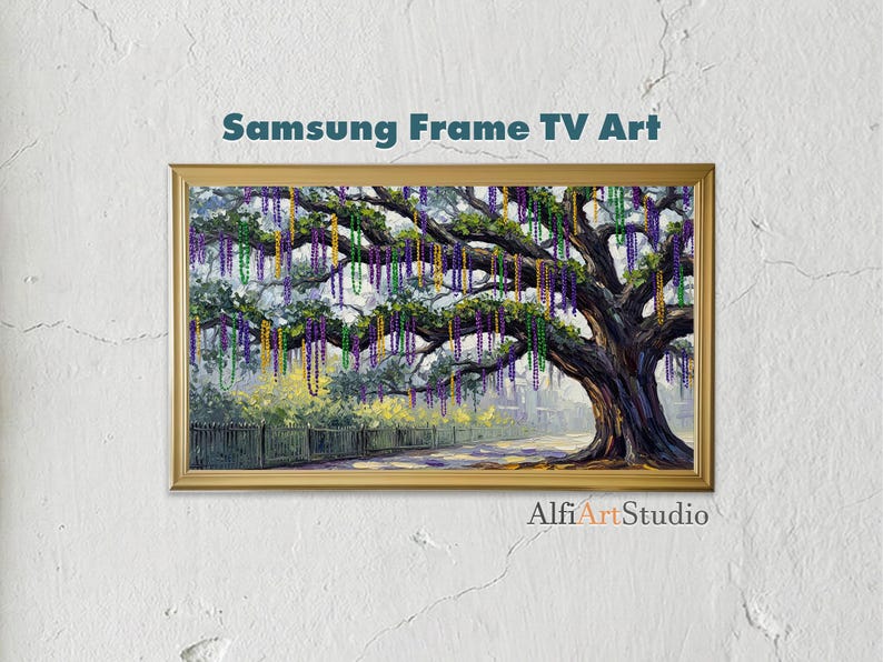 May include: A framed digital art print for Samsung Frame TV. The artwork depicts a large tree adorned with colorful beads, with a fence and a road in the background. The text "Samsung Frame TV Art" is at the top.