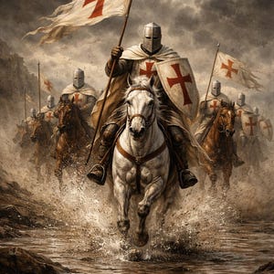 Könnte beinhalten: Künstlerische Darstellung eines mittelalterlichen Ritterordens. Ritter auf Pferden, gekleidet in weißen Umhängen und Helmen, reiten durch Wasser. Jeder Ritter trägt eine Flagge und einen Schild mit einem roten Kreuz. Die Szene spielt sich unter einem bewölkten Himmel ab.