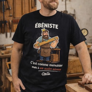 Peut inclure: T-shirt noir avec le mot "Ébéniste" et un dessin animé de menuisier tenant un niveau. Le texte "C'est comme menuisier mais à un autre niveau OseTee" est en dessous. La personne porte des lunettes et se tient dans un atelier.
