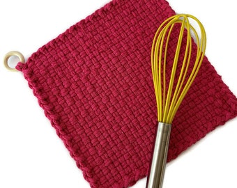 Bright Pink Hand Woven Potholder, Large Versatile Handmade Potholder, Wooden Ring Hanger
