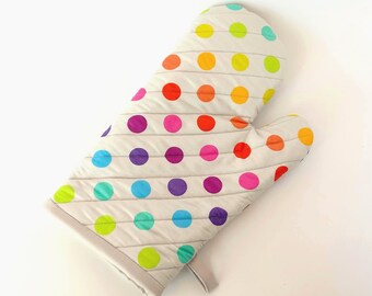 Handmade Polka Dot Oven Mitt, Whimsical Colorful Dots, Extra-Long Cotton Kitchen Glove