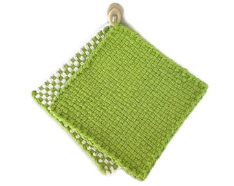 Set of 2 Handwoven Potholders, Lime Green and Check Potholder Pair