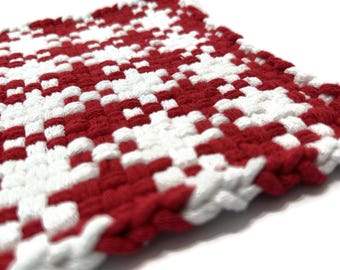 Large Woven Red and White Potholder - Handmade Hot Pad - Bold Check Design