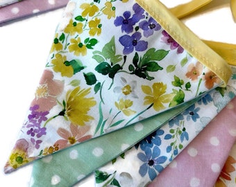 Pretty Florals and Polka Dots Garland - Pastel Spring Decor - Wide Floral Bunting with Ties - Spring Banner with 11 Fabric Flags