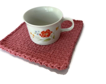 Handmade Pink Woven Potholders, Set of 2, with Wood Ring