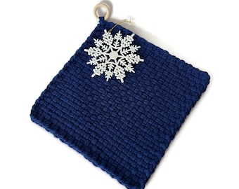 Royal Blue Woven Potholder with Wood Ring, Handmade Large Thick Potholder, Practical Gift