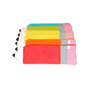 Pencil shaped pencil pouches in red, orange, yellow, green and blue. Each pouch has a coordinating zipper top closure.