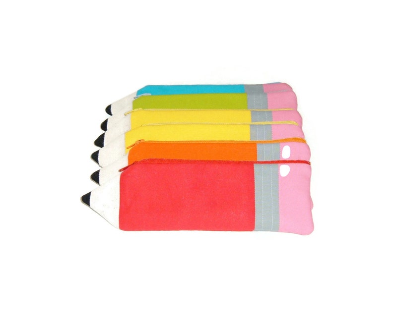 Pencil shaped pencil pouches in red, orange, yellow, green and blue. Each pouch has a coordinating zipper top closure.