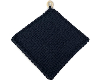 One Large Woven Navy Potholder with Wood Ring, Gift for Guys Who Cook, Gift Under 25