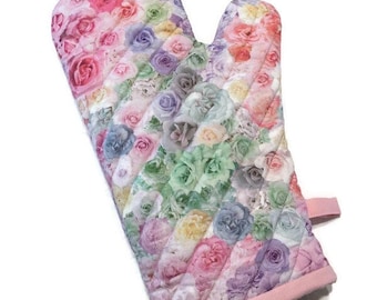Pastel Rose Floral Oven Mitt, Quilted Cotton