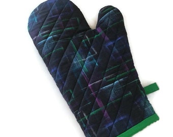 Oven Mitt, Gift for Foodie, Abstract Navy and Emerald Oven Glove, Northern Lights