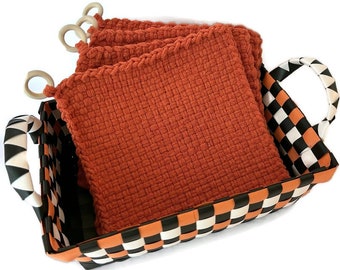 Hand Woven Orange Potholder Set, Fall Kitchen Decor