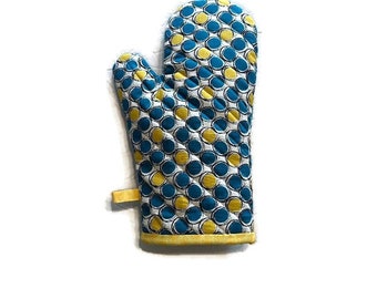 Handmade Oven Mitt with Bold Blue and Yellow Dots