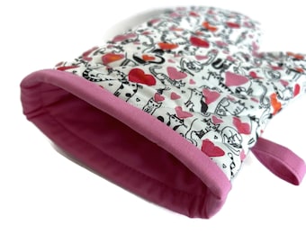 Cats and Hearts Oven Mitt, Galentine Gift for Cat Mom
