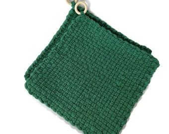 Pair of Green Hand Woven Potholders with Wood Ring Hangers - Set of 2 Large Kelly Green Woven Cotton Potholders - Gift for Mom