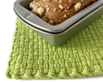 Lime Green Potholder, Large Handwoven Potholder with Wood Ring