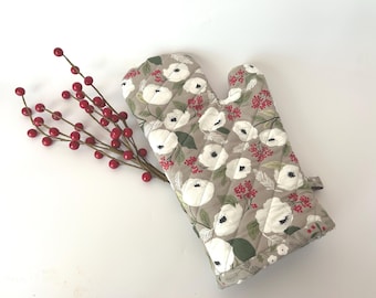 Handmade White Floral Oven Mitt, White Anemones and Red Winterberry Holly on Taupe
