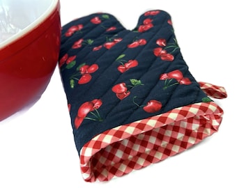 Handmade Quilted Oven Mitt - Red Cherries on Navy - Farmhouse Kitchen Decor - Practical Gift