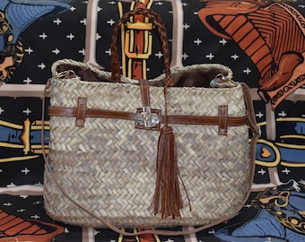 Bolso de mimbre tejido para mujer, bolso boho chic, bolso de playa de paja, bolso de hombro de cuero marrón, bolso tote de verano con pompón