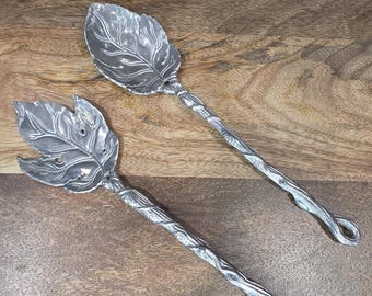 Juego de pinzas para ensalada de hojas de vid VTG Arthur Court, 2 piezas, tenedor y cuchara, aluminio plateado