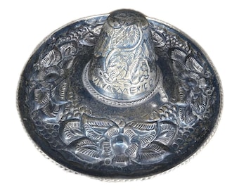 Viva Mexico Sombrero Vintage Hammered 925 Sterling Silver Eagle Snake Floral