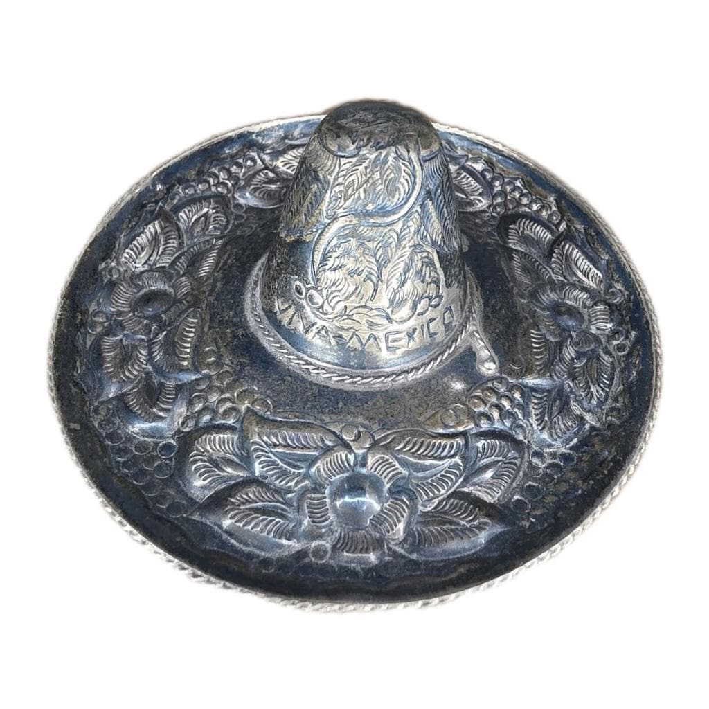 Viva Mexico Sombrero Vintage Hammered 925 Sterling Silver Eagle Snake Floral