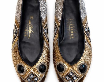 Zapatos planos vintage Frankie And Baby Beverly Feldman, talla 7.5, adornados con lentejuelas y cuentas.