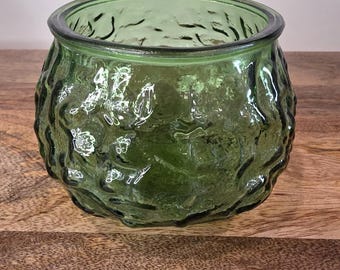 Portacandele votivo in vetro verde testurizzato VTG, vaso portafiori, ciotola, 5" pressata retrò
