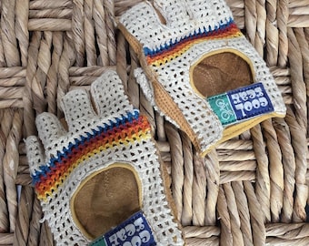 Vintage Cool Gear Colorful Crochet Sz Small Camel Leather Bicycle Racing Gloves
