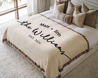Personalized Neutral Woven Blanket – Family Name Anniversary Throw