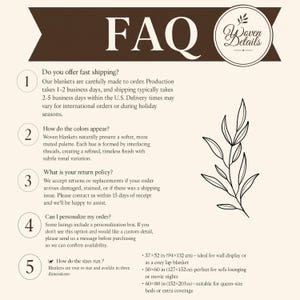 May include: An FAQ information graphic for Woven Details featuring five numbered questions about production, color appearance, returns, personalization, and blanket sizes. The text lists three dimensions: 37x52 inches, 50x60 inches, and 60x80 inches.
