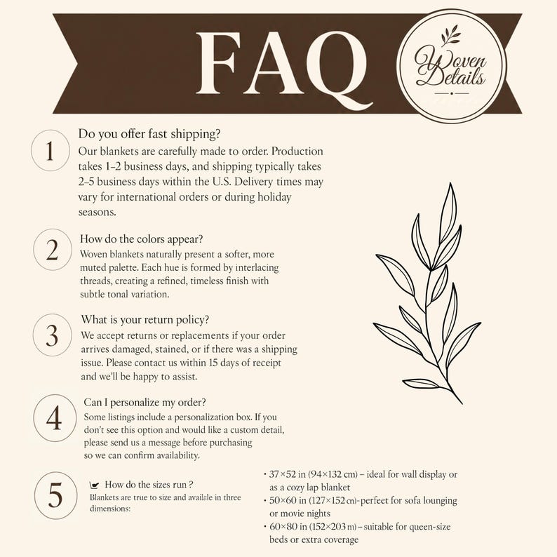May include: An FAQ information graphic for Woven Details featuring five numbered questions about production, color appearance, returns, personalization, and blanket sizes. The text lists three dimensions: 37x52 inches, 50x60 inches, and 60x80 inches.