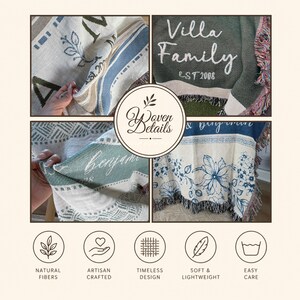 May include: A woven throw blanket featuring personalized text including Villa Family EST 2008 and Benjamin, with floral patterns in blue and green tones. The blanket has a fringed edge and a textured weave, displayed in a four-panel collage format.