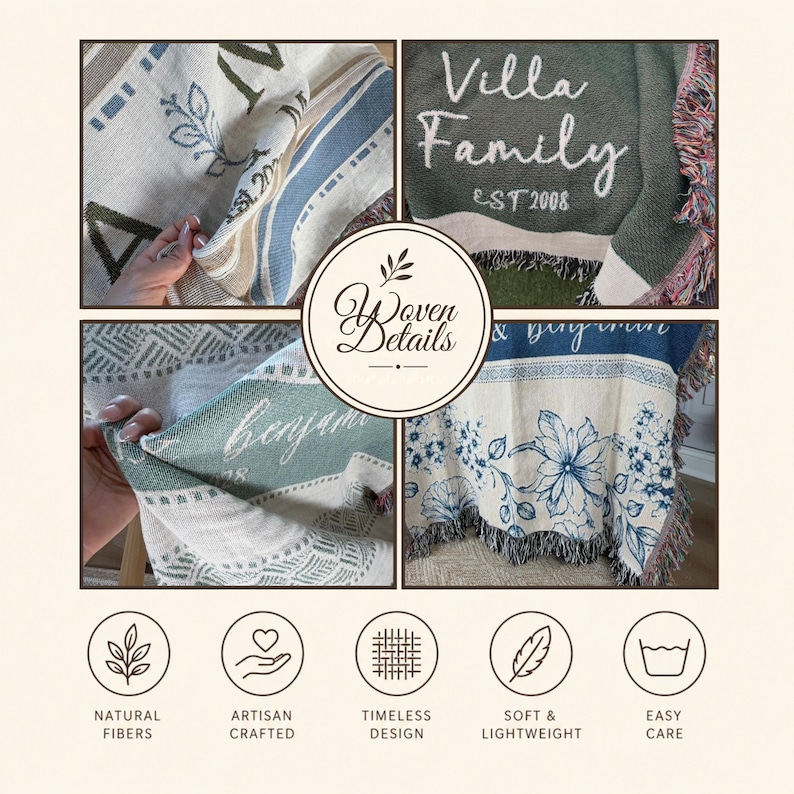 May include: A woven throw blanket featuring personalized text including Villa Family EST 2008 and Benjamin, with floral patterns in blue and green tones. The blanket has a fringed edge and a textured weave, displayed in a four-panel collage format.