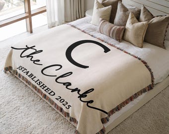 Personalized Woven Family Blanket – Custom Monogram Throw, Elegant Wedding Gift, Established Date Home Keepsake