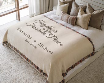 Custom Woven Blanket with Couple Names and Date, Wedding Anniversary Gift, Personalized Cotton Throw.