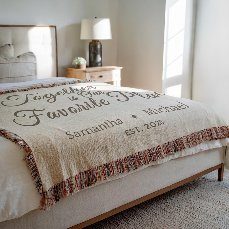Neutral woven throw blanket personalized for couples – luxury quiet-home aesthetic