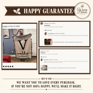 May include: A promotional graphic featuring the text HAPPY GUARANTEE and Woven Details. It displays three customer reviews with five-star ratings, including a photo of a beige woven throw blanket with a large letter V and the name Valdes.