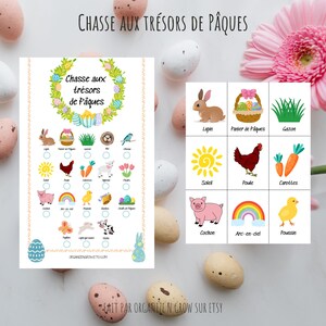 May include: Easter-themed printable game with the title "Chasse aux trésors de Pâques". The game includes a checklist with illustrations of a bunny, basket, grass, sun, hen, carrots, pig, rainbow, and chick. The game is surrounded by Easter eggs and flowers.