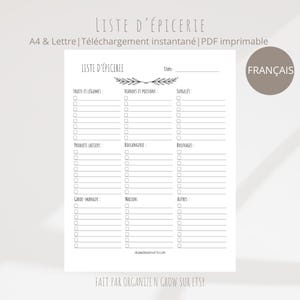 May include: A printable grocery list in French, with sections for fruits and vegetables, meats and fish, and other categories. The list includes the text "LISTE D'ÉPICERIE" and "FRANÇAIS" in a circular badge.