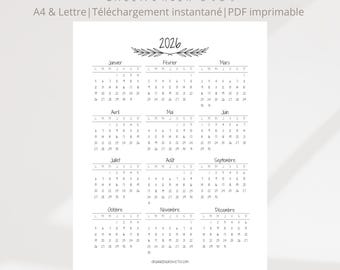 Calendario 2026 Minimalista / 12 meses en 1 página / PDF Imprimable A4 & Lettre / Lundi ou Dimanche