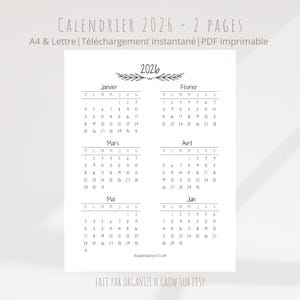 May include: A black and white 2026 calendar printed on white paper. The calendar is divided into months, with each month showing the days of the week. The text "CALENDRIER 2026 - 2 PAGES" is at the top.