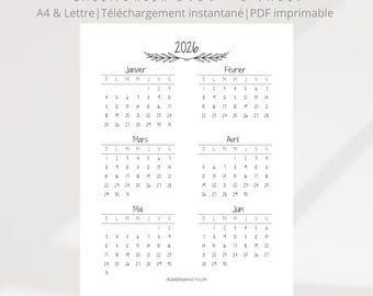 Kalender 2026 auf 2 Seiten | 12 Monate | Lundi oder Dimanche | A4 & Letter | PDF imprimierbar
